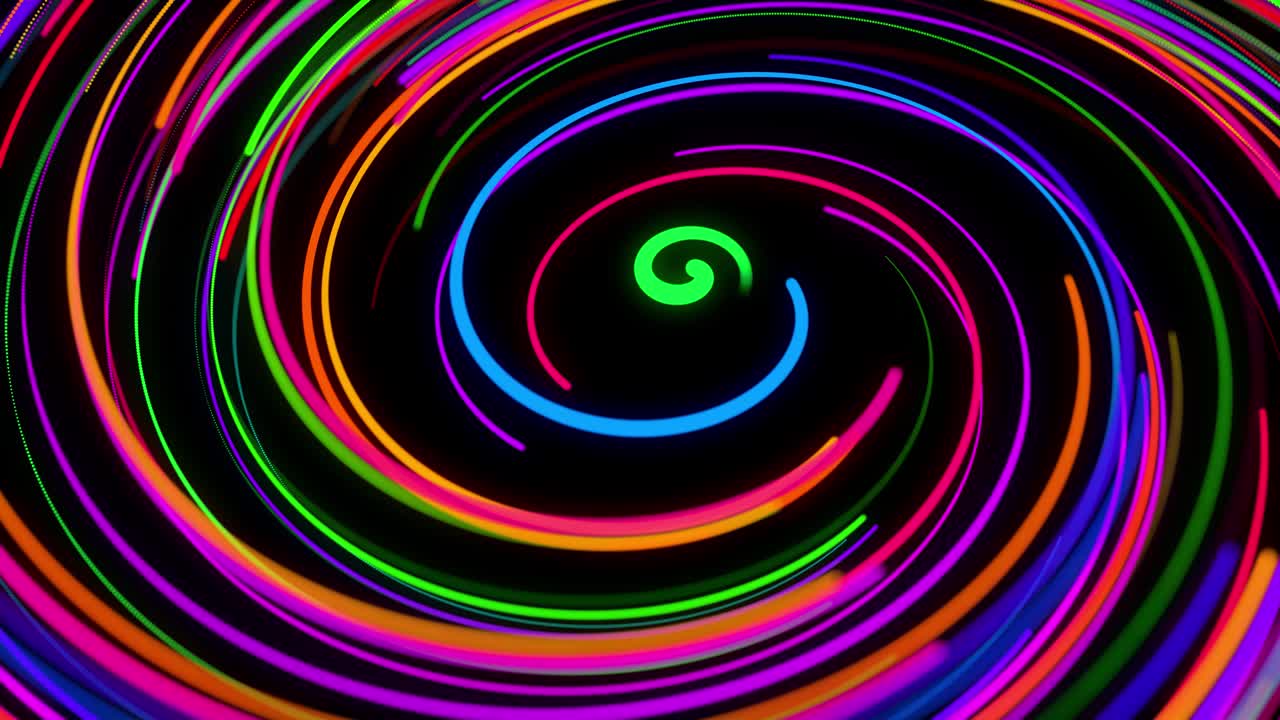 4k에서 세련된 창의적인 추상적인 배경: 회전하는 경로를 따라 회전하는 나선형으로 회전하는 색의 선; 모션 디자인: 선, 나선형 및 추상적인 구조를 형성하는 입자의 bg; 3d 렌더링