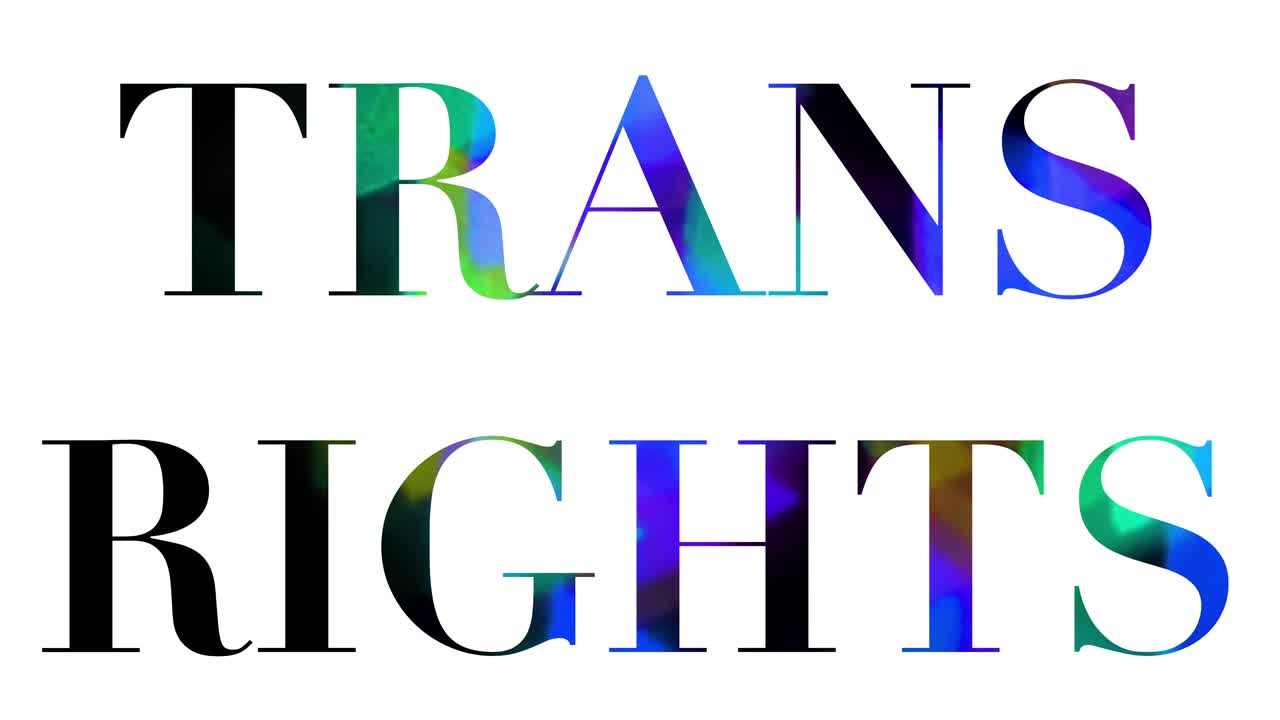texto de derechos trans con fantásticos triángulos abstractos de arco iris dentro de letras