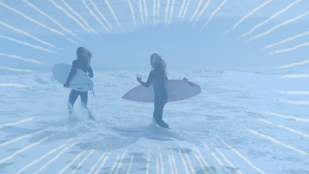 Surfers walking waist-deep into ocean, showing floating heart rate chart for health marketing