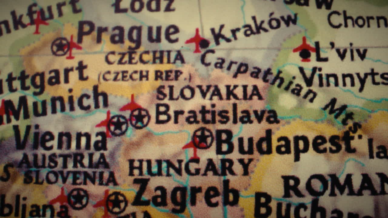 Close-up of a political map showing Central and Eastern European countries and major cities
