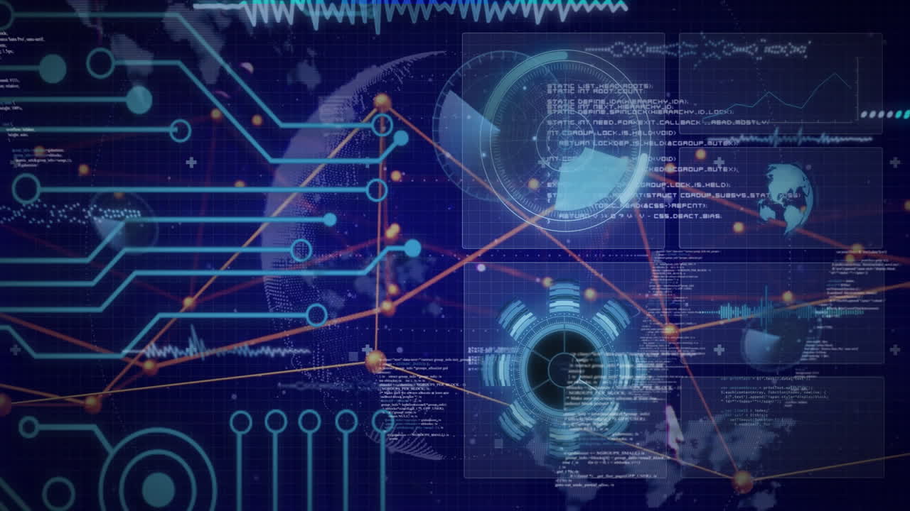 Circular gear data visualization rotating right, translucent HUD panels sliding across digital grid