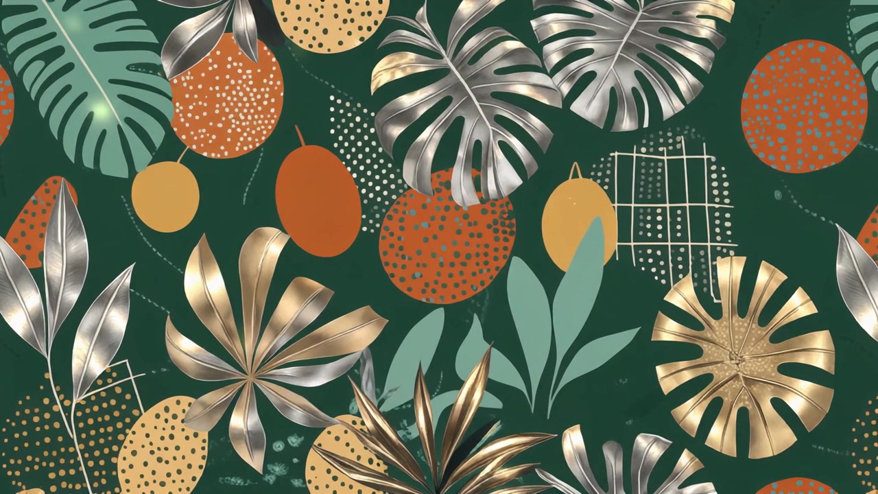 Seamless Pattern of Tropical Leaves and Abstract Geometric Shapes
