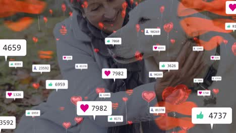 animación de iconos y números de redes sociales sobre emojis de caída de medios de negocios