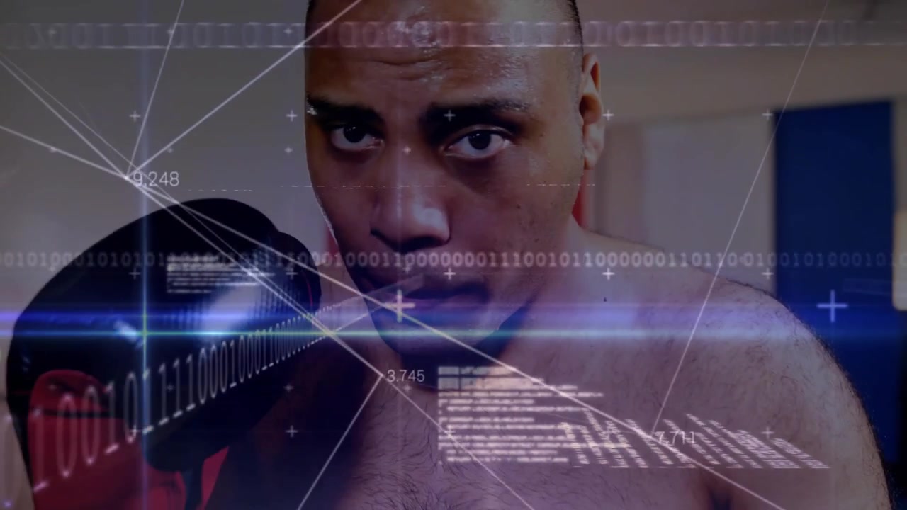 Training shirtless boxer in gym adjusting guard and presenting glove to camera with HUD sweeping