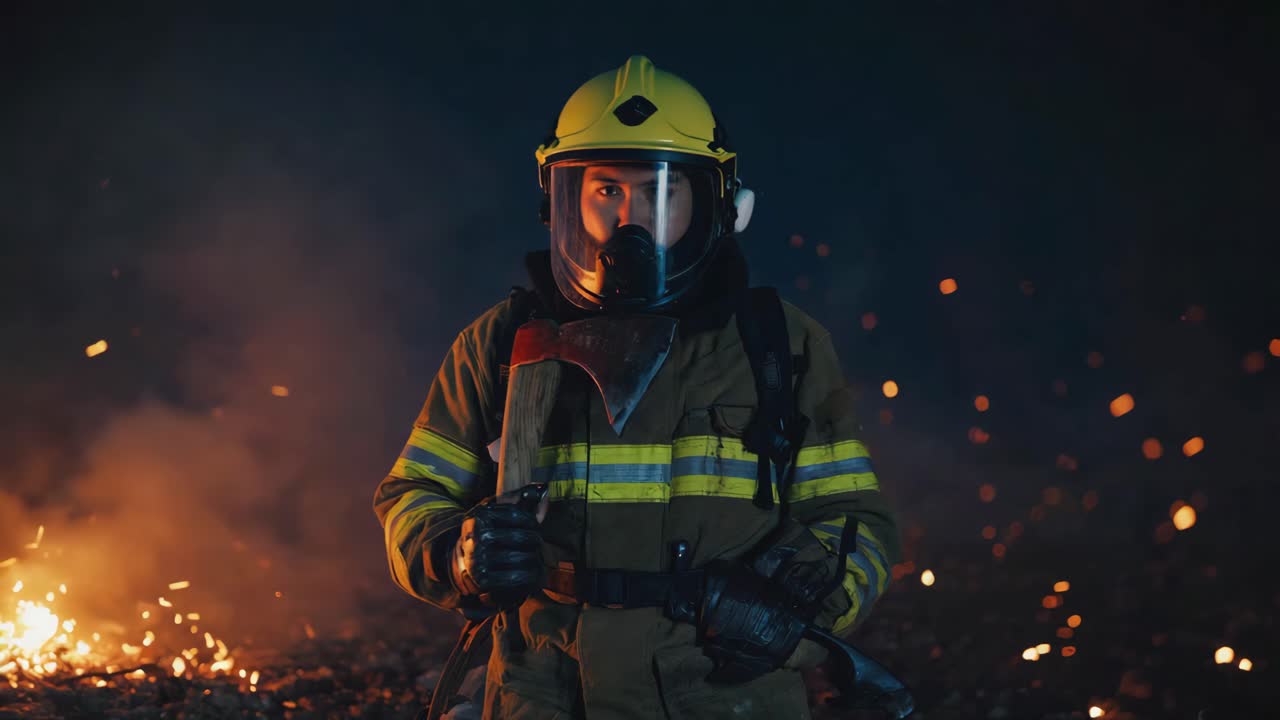 Firefighter in Protective Gear with Axe