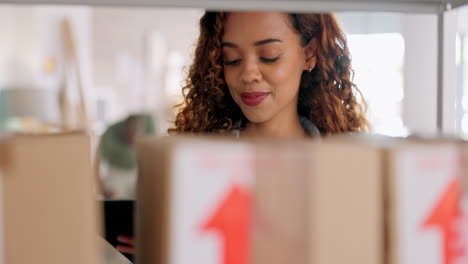 woman, logistics and shipping boxes on storage