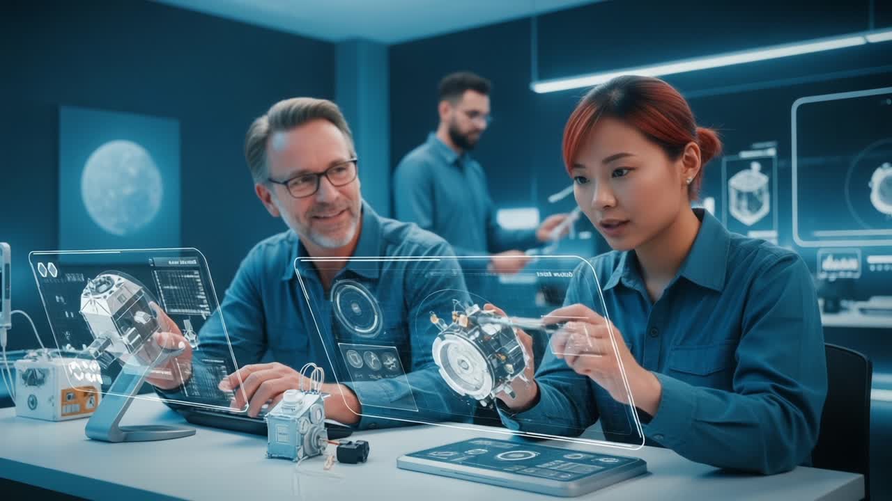 Advanced Technology Collaboration: Two Professionals Analyzing Innovative Designs with Futuristic Interfaces and Virtual Displays in a Sleek Workspace