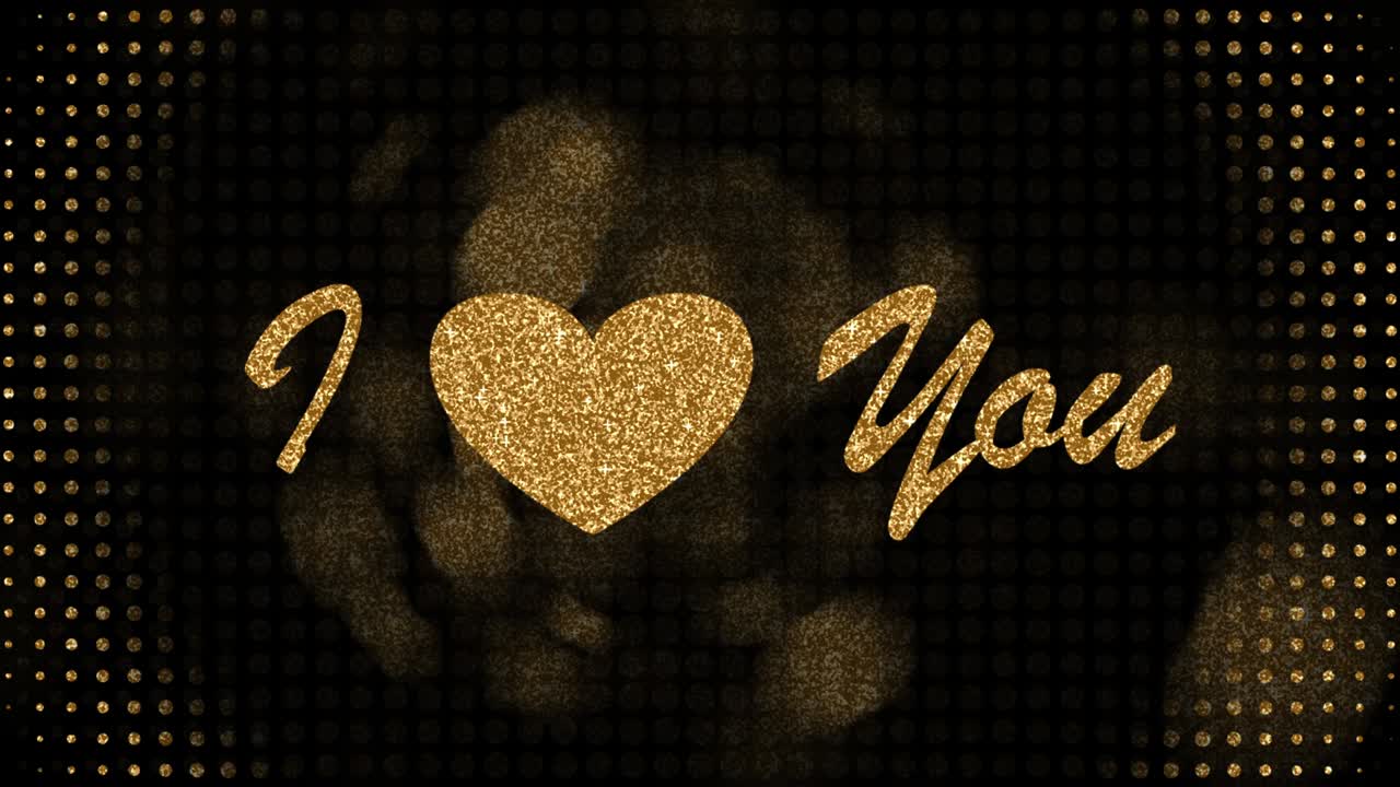 흑색 바탕에 심장 모양의 황금색 텍스트와 황금빛 반이는 보케를 가진 루프 애니메이션 4k 3d i love you 배경 효과 어머니의 날, 결혼식, 발렌타인 데이, 결혼식.