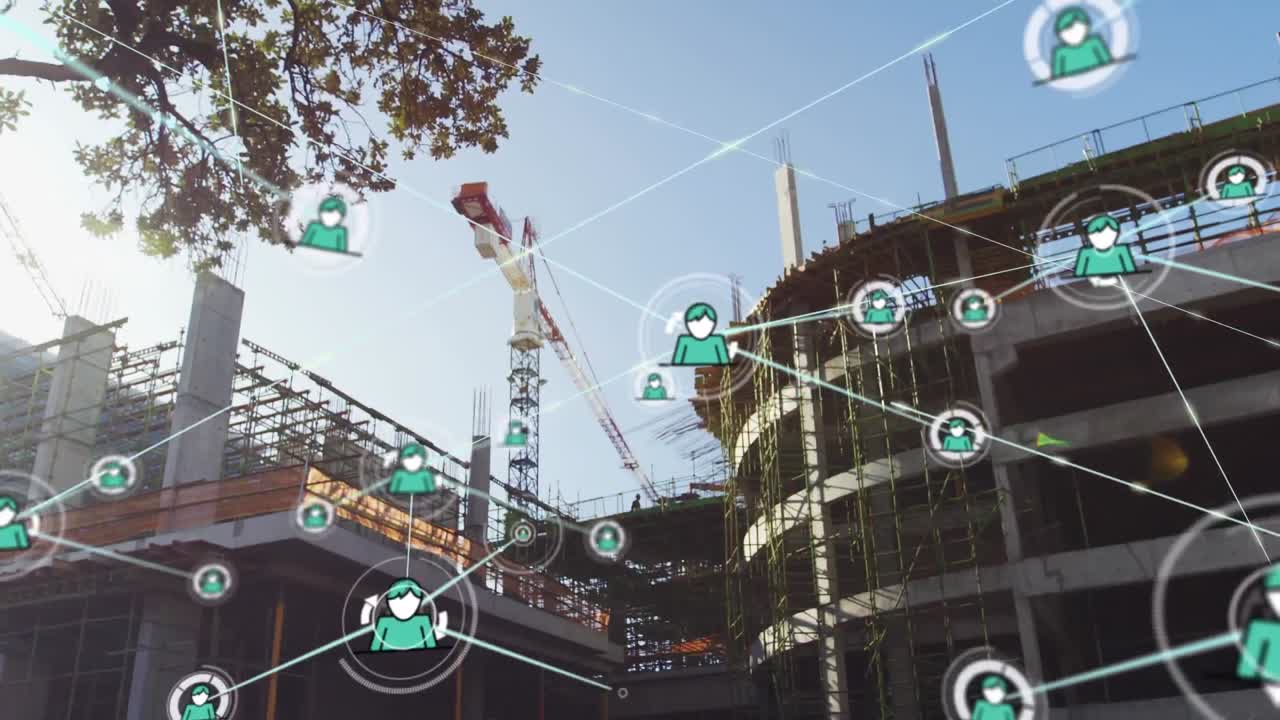 animación de la red de iconos digitales contra el sitio de construcción