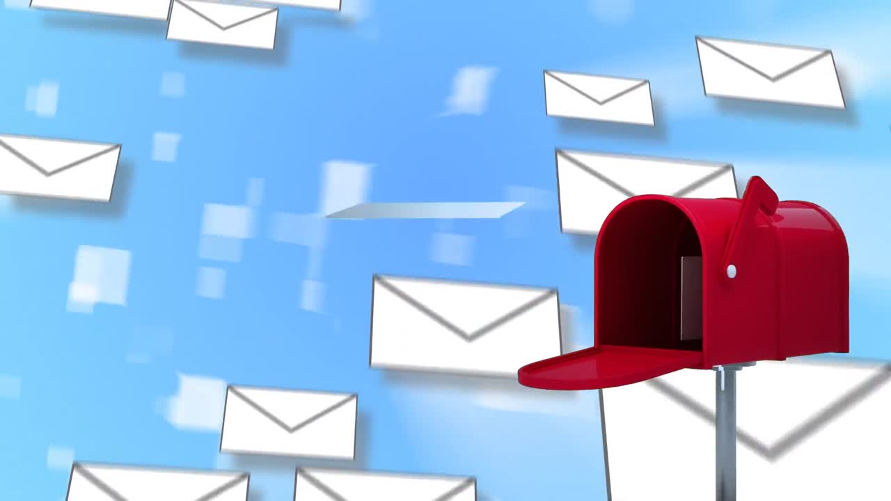 caja de cartas abierta, dando la carta y cerrar después mientras que un montón de letras que caen detrás en el fondo azul