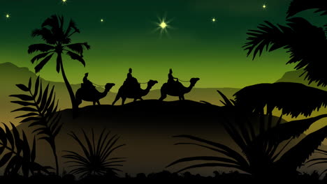 animation of silhouette of three wise men on camels over tropical landscape on green background