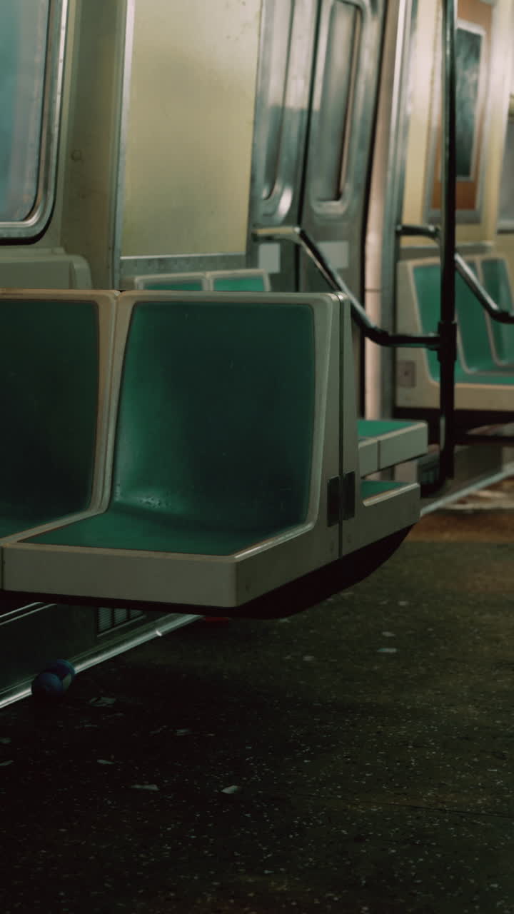 Empty subway train interior during night hours with dim lighting