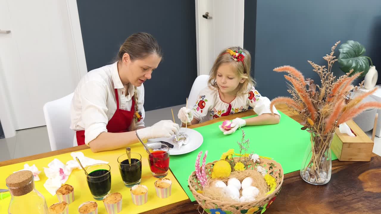 Mother and Daughter Decorating Easter Eggs