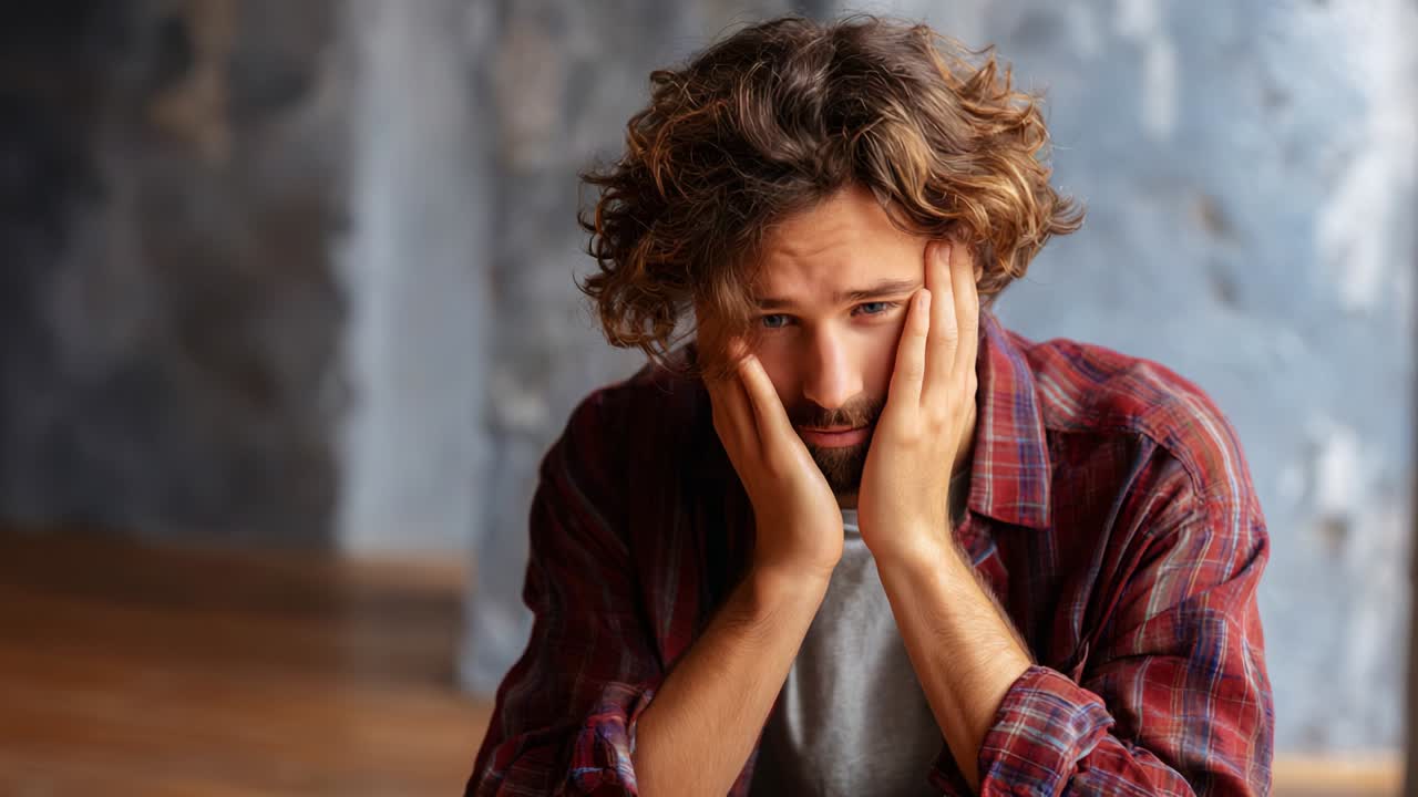 Reflecting on Emotions: A Young Man in Deep Contemplation Faces His Thoughts, with His Hands on His Face, Conveying a Sense of Loss, Concern, and Introspection, Set Against a Subtle Background