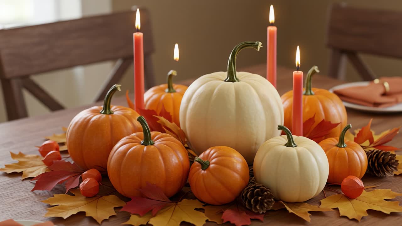 Festive Autumn Centerpiece Featuring White and Orange Pumpkins Surrounded by Fall Leaves and Candles Creating a Warm, Inviting Atmosphere for Seasonal Gatherings