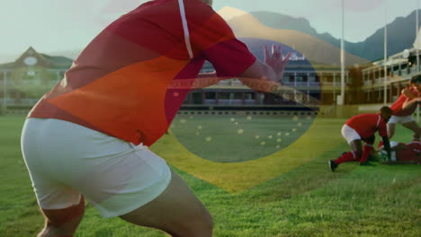 Animation-of-flag-of-brazil-over-diverse-male-rugby-players