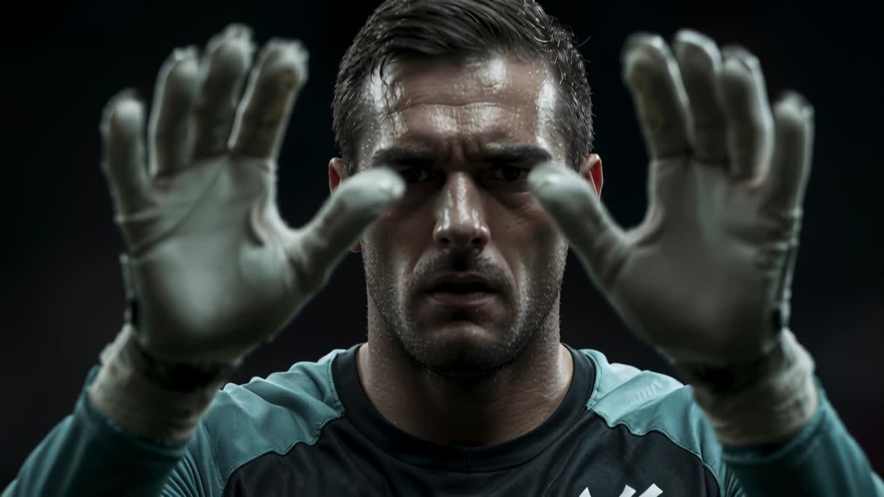 Raising gloves, keeper framing palms to camera in studio, dark jersey with teal panels wrist tape