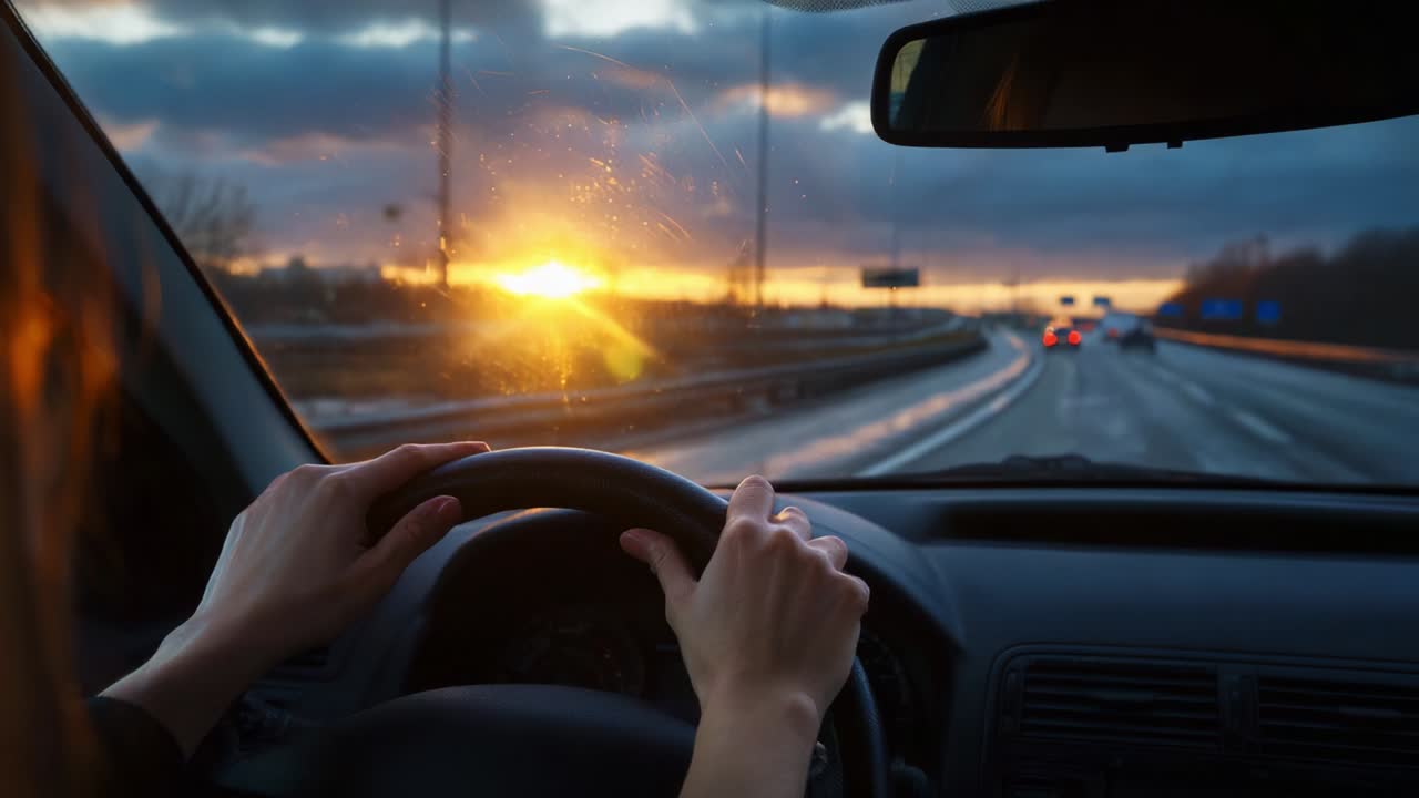 Sunset Journey: A Serene Drive on a Highway with Golden Light Filtering Through the Car Windows, Highlighting the Silhouette of Hands on the Steering Wheel as Day Transitions to Night