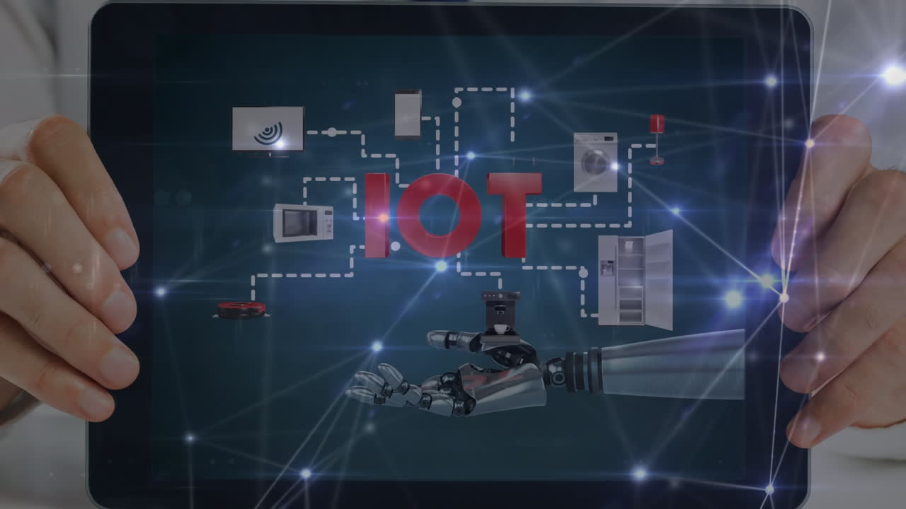 로 ⁇  손과 아이콘을 가진 태블릿을 들고 있는 손을 통해 연결 네트워크의 애니메이션