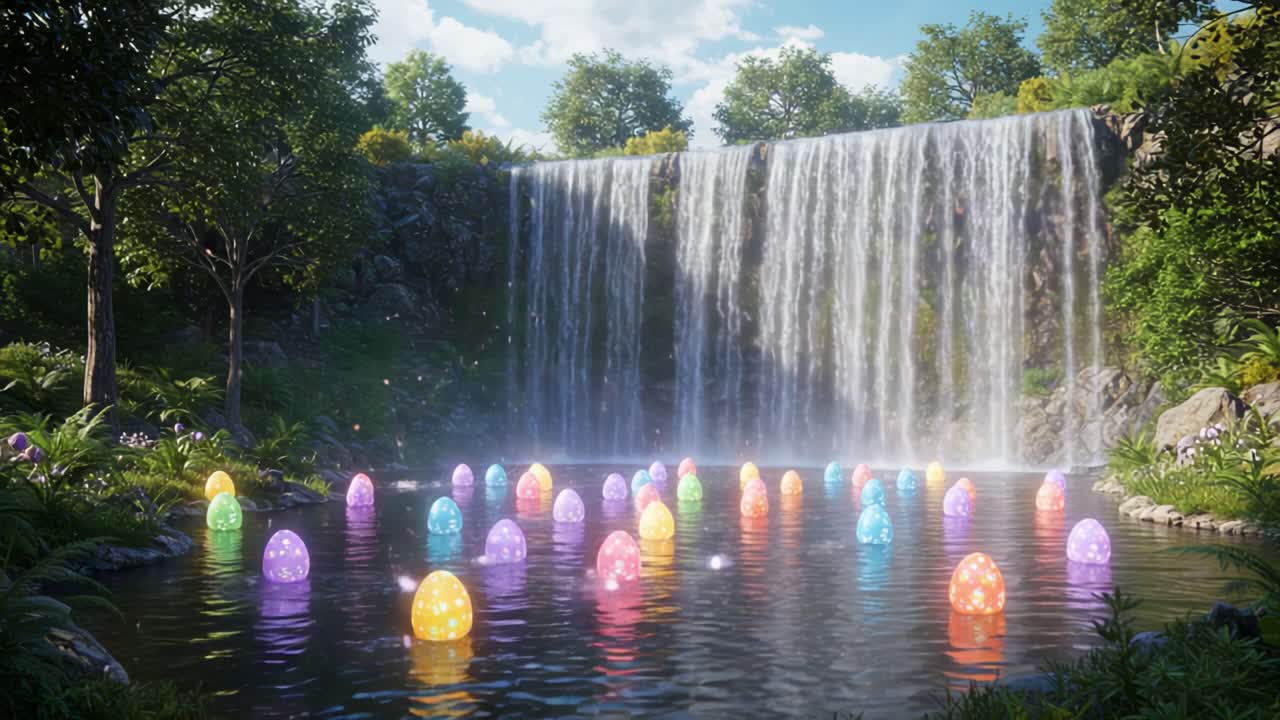 Vibrant Illumination Amidst Nature's Splendor: A Colorful Cascade Showcasing Glittering Eggs in a Waterfall Oasis