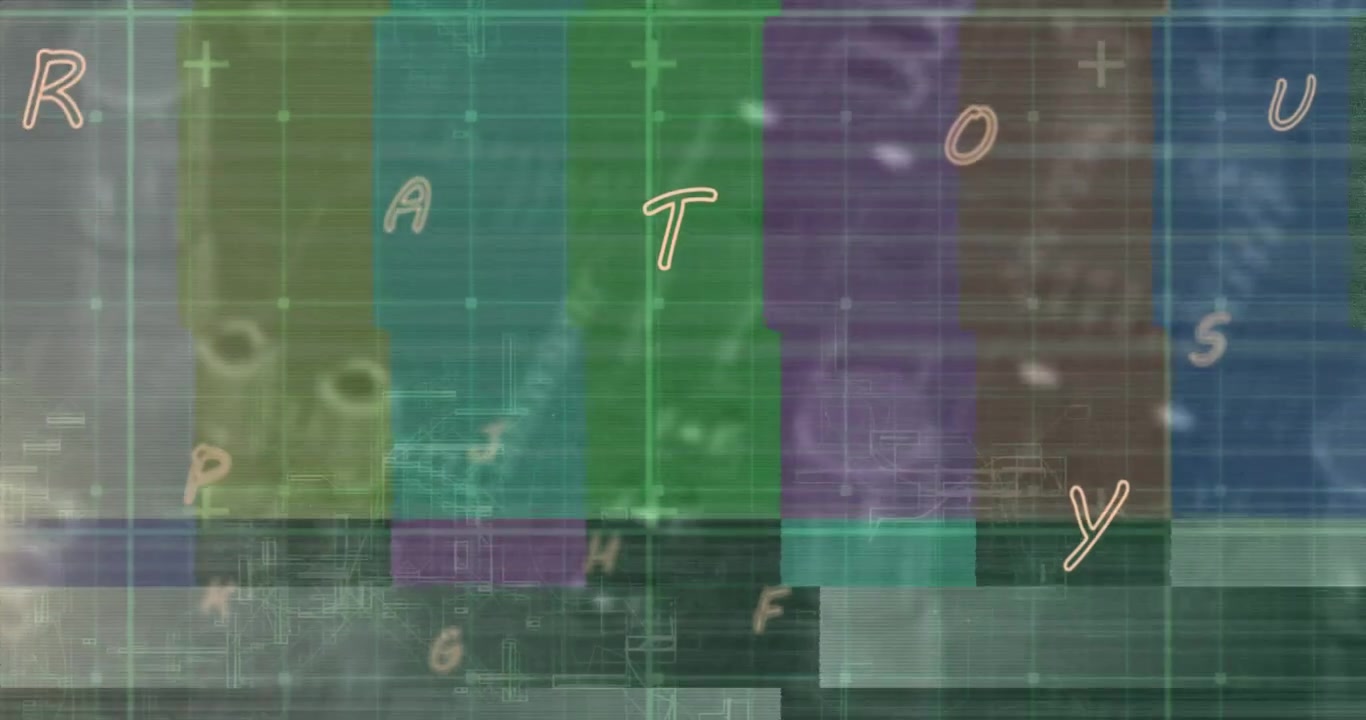 Animation von Alphabeten über einem Testbildschirm-Glitch vor einer Nahaufnahme eines Computerservers
