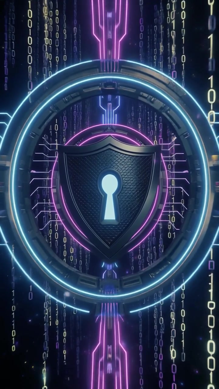 Digital Cybersecurity Shield with Binary Code Background