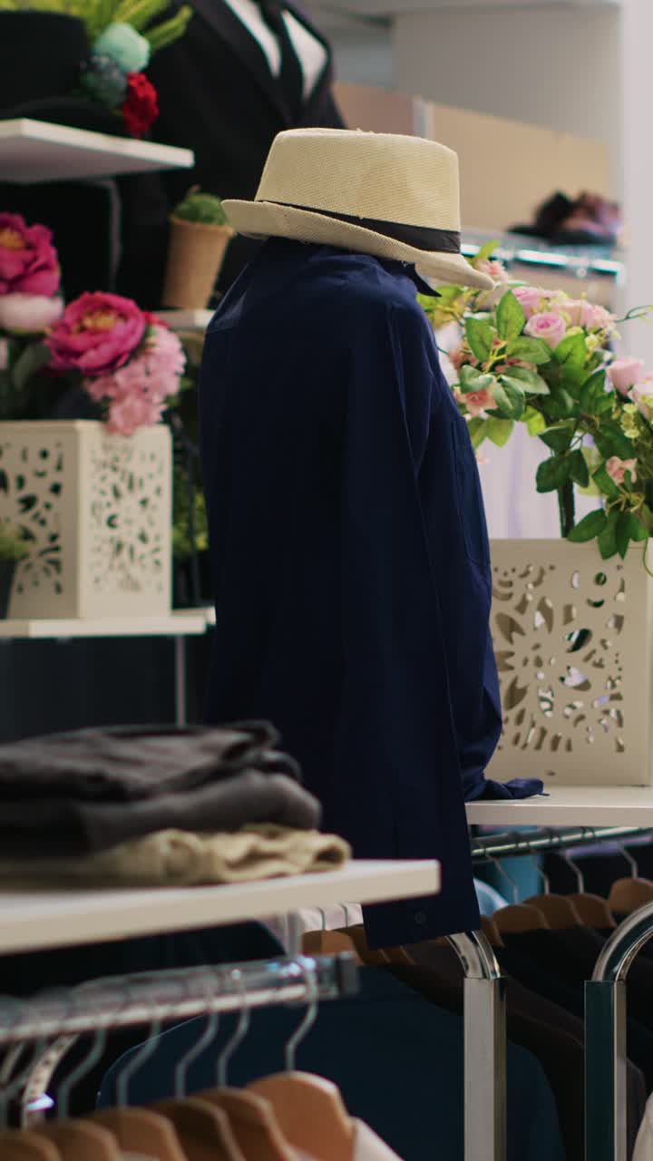 Tøjbutiksudstilling med mannequin og blomsterarrangementer