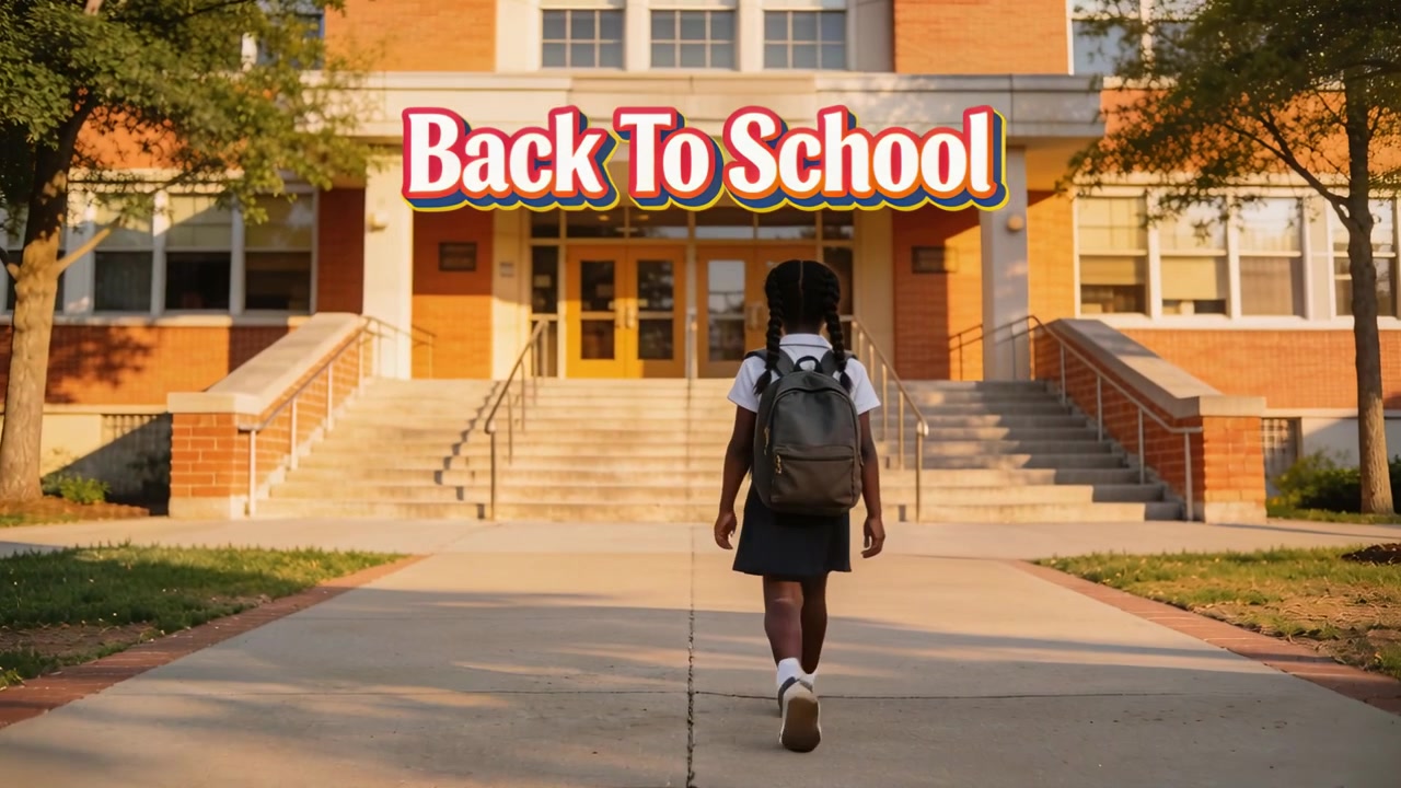 Walking student in uniform carrying backpack to enter school, Back To School overlay appearing
