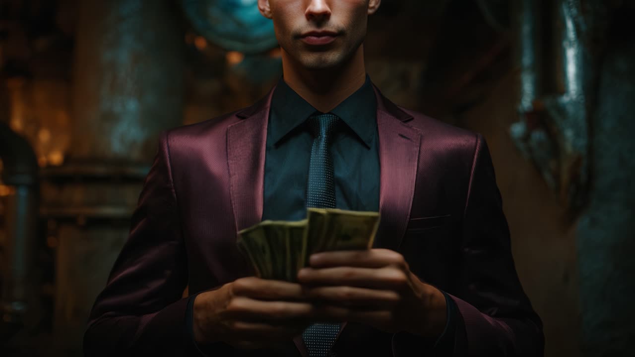Un uomo misterioso in un elegante abito che tiene in mano del denaro in un ambiente scarsamente illuminato, emanando un'aria di intrigo e ricchezza, perfetto per un'ambientazione da film noir.
