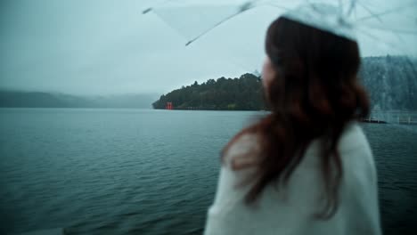 rainy day at a japanese lake with a torii gate