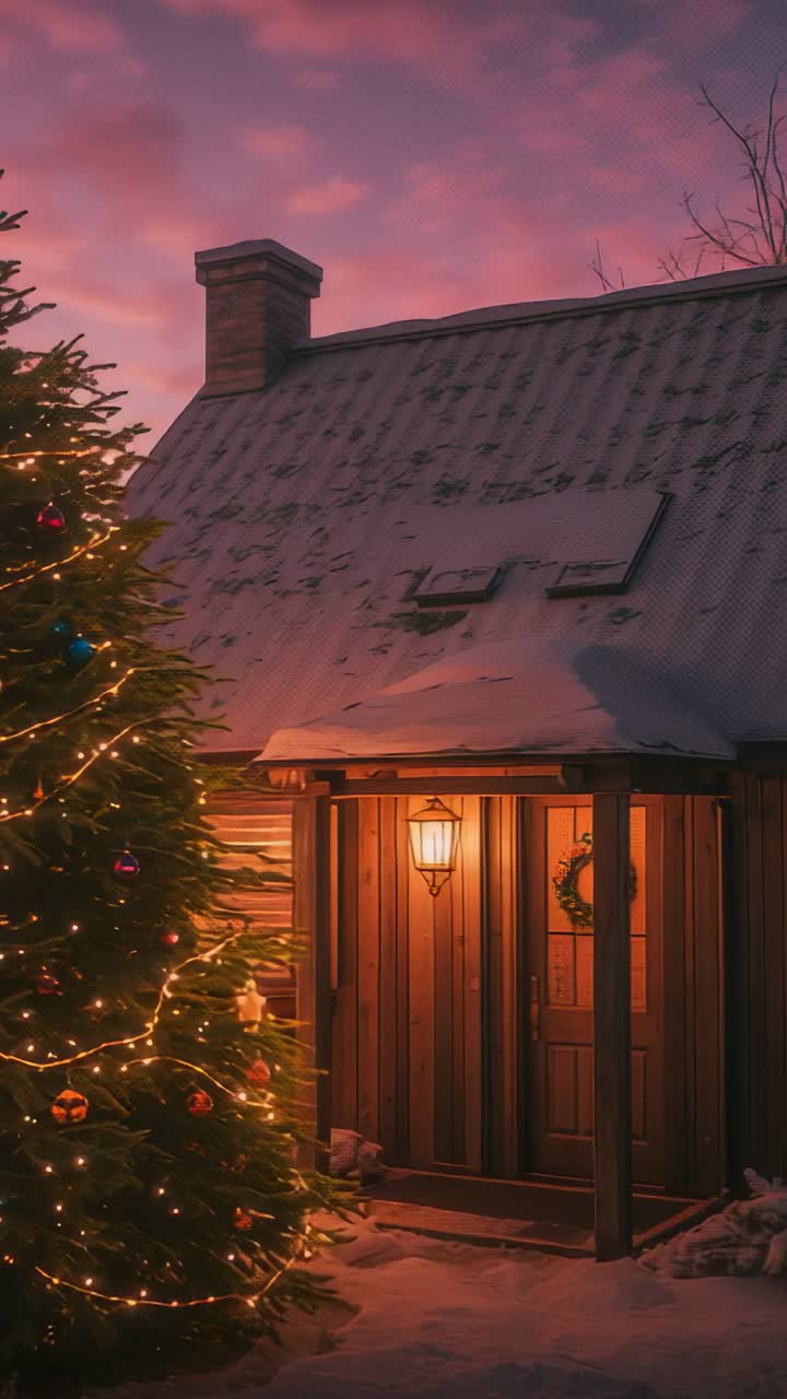 Vertical video: Twinkling Christmas tree shining in snowy clearing with cabin lantern, copy space