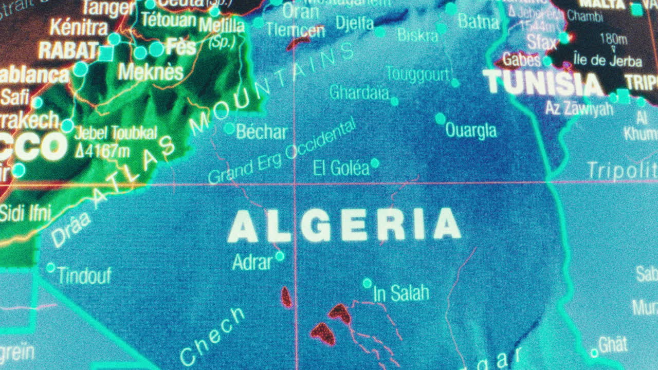 A close-up view of Algeria and neighboring countries on a detailed map