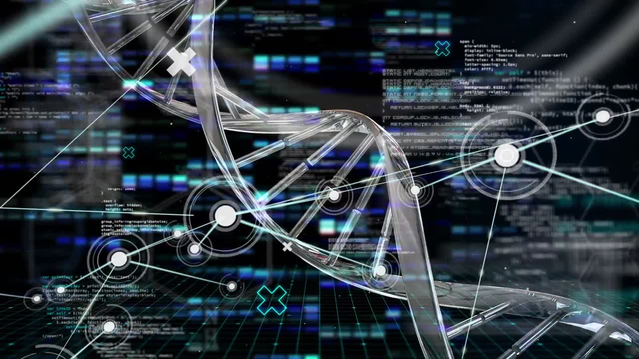 Animation of dna strand, network of connections and data processing over black background