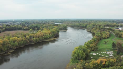 aerial view over mississipi river in minnesota, on a bright overcast day