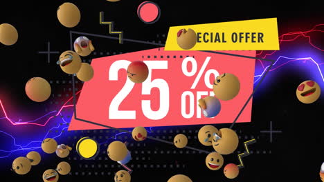 emoji de cara flotando contra el 25 por ciento de venta banner de texto contra el efecto de trueno azul y rojo