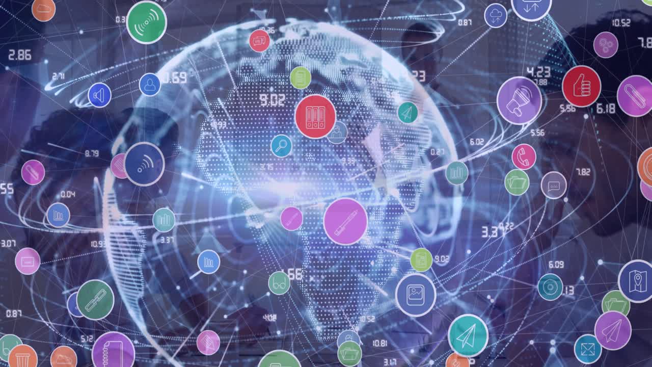 사무실에서 회의를 하는 사업가들의 팀을 상대로 전 세계에 걸쳐 디지털 아이콘의 네트워크