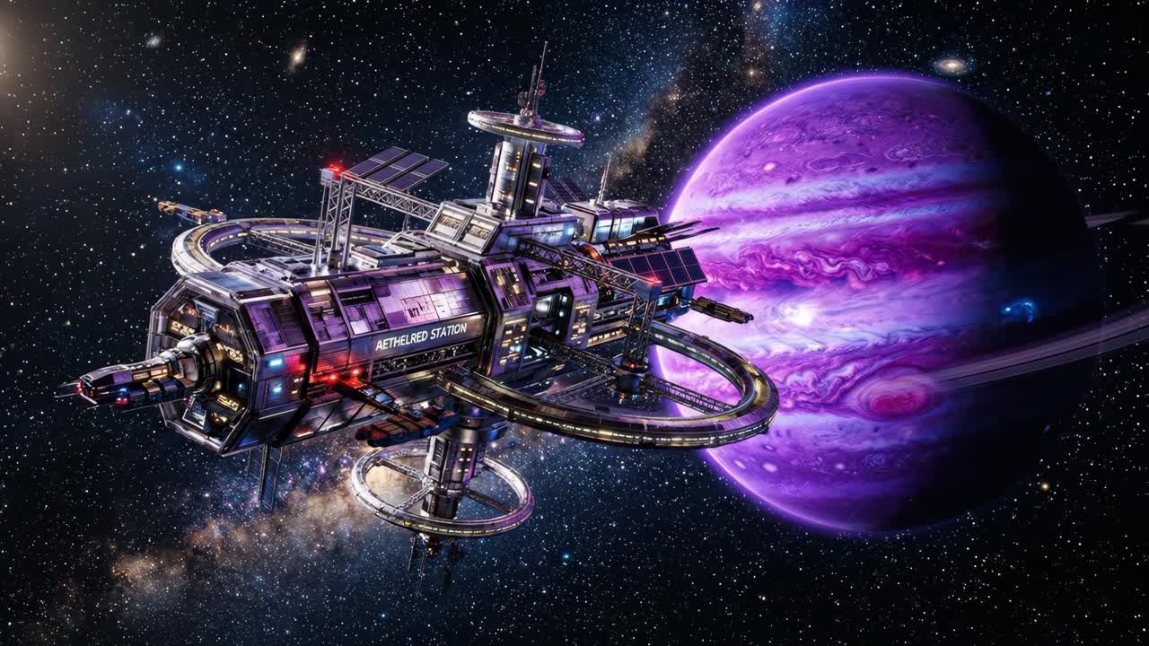 Futuristic Space Station Orbiting a Purple Ringed Planet