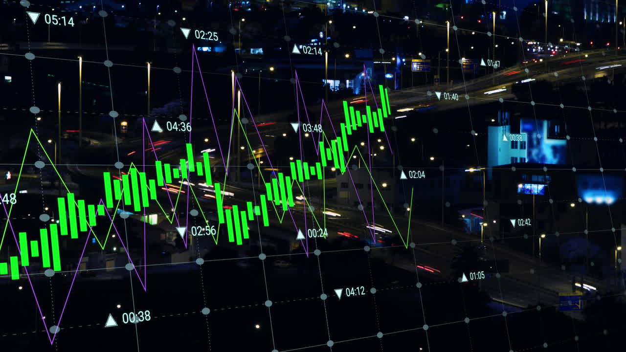 animación del procesamiento de datos financieros sobre el paisaje urbano