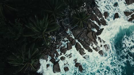 Top-down-aerial-of-white-foamy-waves-hitting-rocky-shoreline