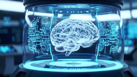 futuristic display of a brain inside a high-tech container with neon circuitry illustrating advanced neurological technology and artificial intelligence concepts