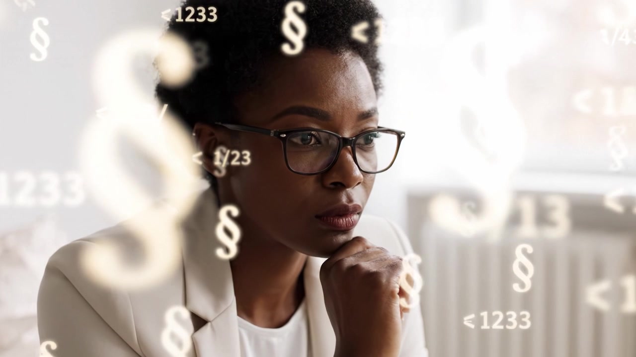 Una donna contemplativa immersa nei pensieri, che riflette su idee complesse mentre è seduta in uno spazio luminoso e moderno con un'attenzione sottile alla sua espressione.
