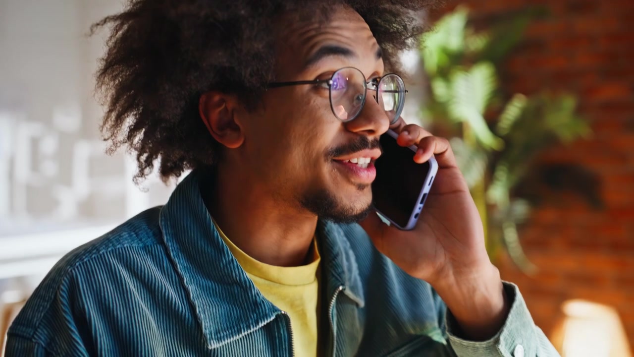 Close up african american man talking phone office. Freelancer laughing call.
