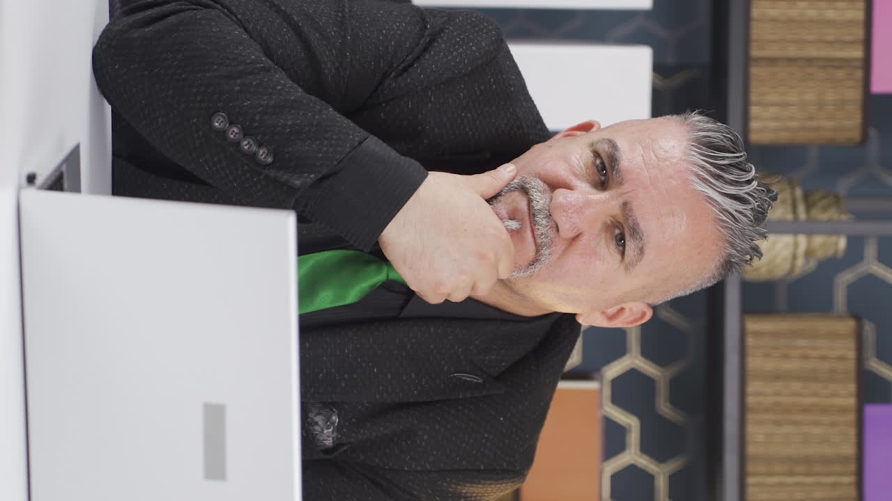 카메라를 바라보는 사고하는 사업가의 수직 비디오.