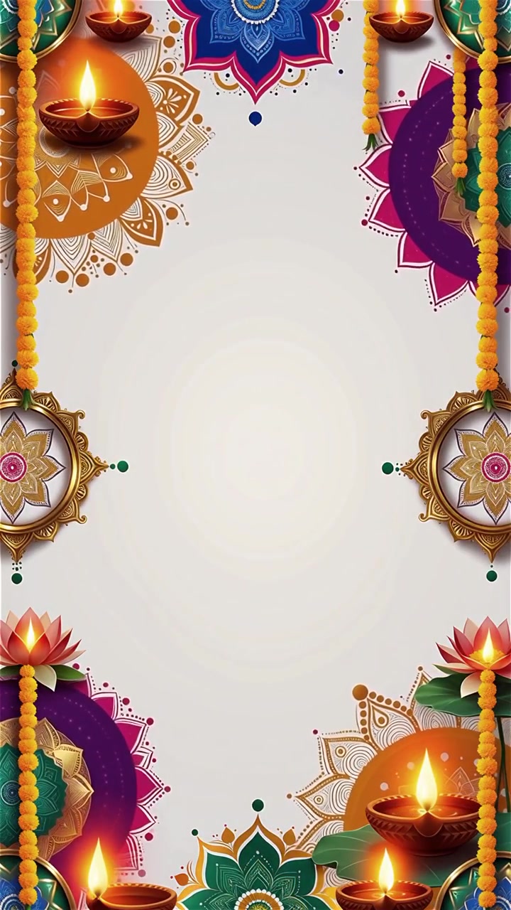 Sfondo Diwali con Diyas luminosi, Rangoli e fiori di loto