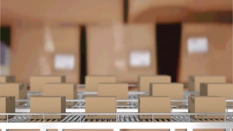 animation of cardboard boxes moving on conveyor belts over warehouse