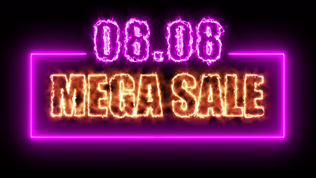 08.08 Mega sale colorful neon sign banner in black background for promote video. concept of promotion brand sale