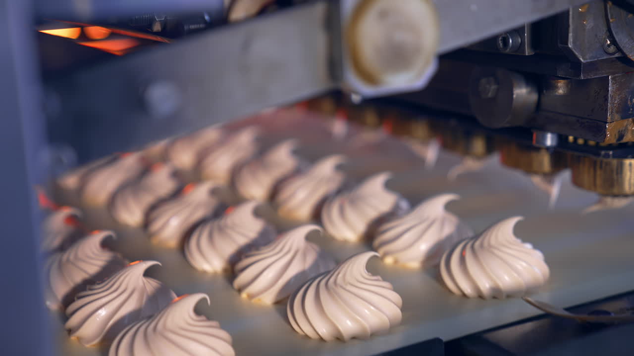 Marshmallow depositing machine making zephyr at confectionery factory. Moving marshmallows along a conveyor line. Marshmallow zephyr production process closeup.