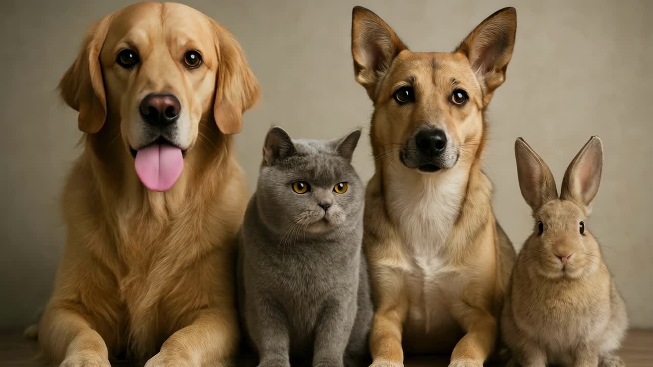Charming portrait of two dogs, a cat, and a rabbit sitting in a row