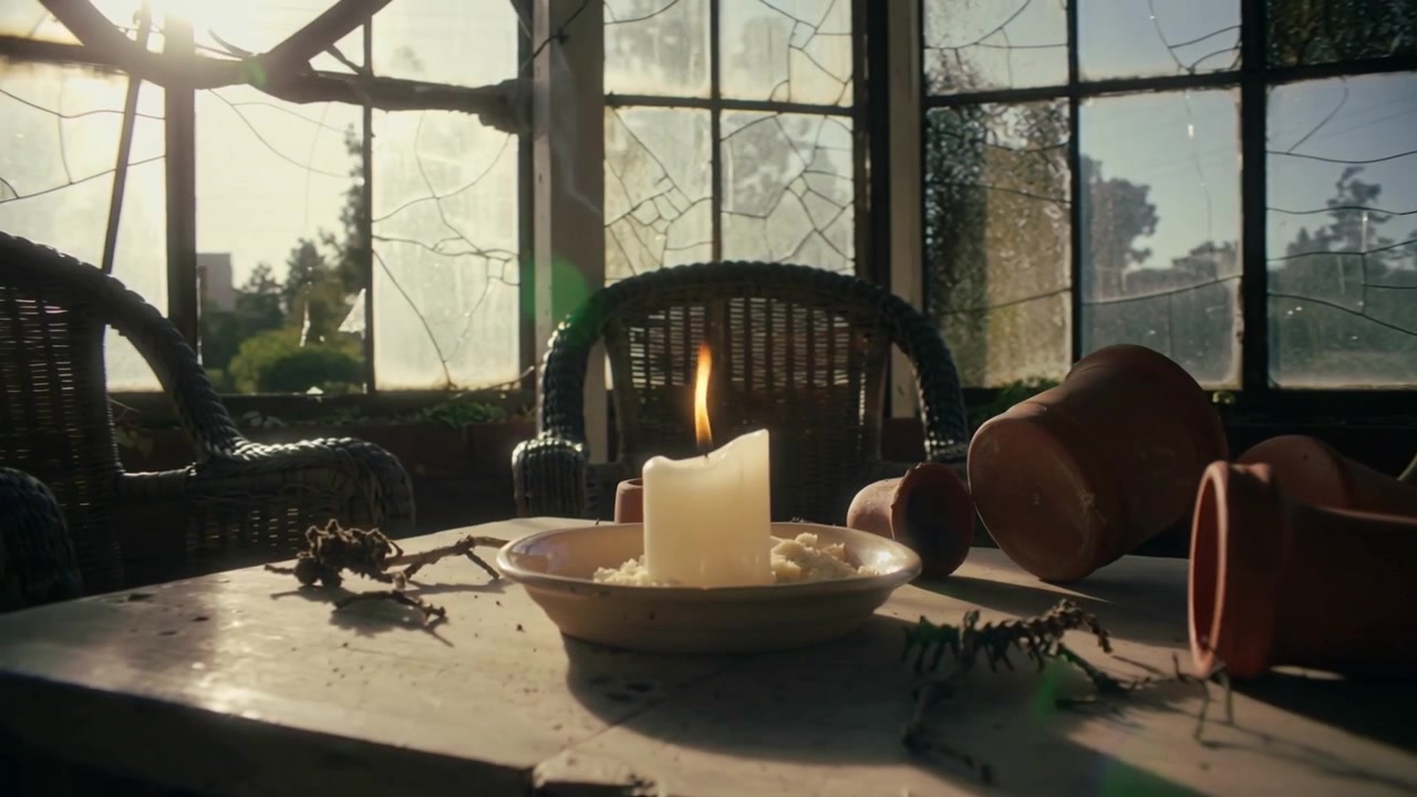 Panoramica che mostra una candela che tremola, si scioglie su un tavolo in veranda, la luce del sole che proietta ombre, vasi