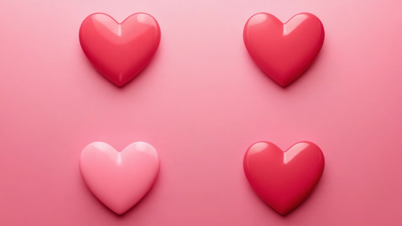 Animazione iniziale di quattro cuori lucidi che si muovono verso l'interno e si ridimensionano su un gradiente rosa tenue, formando una griglia